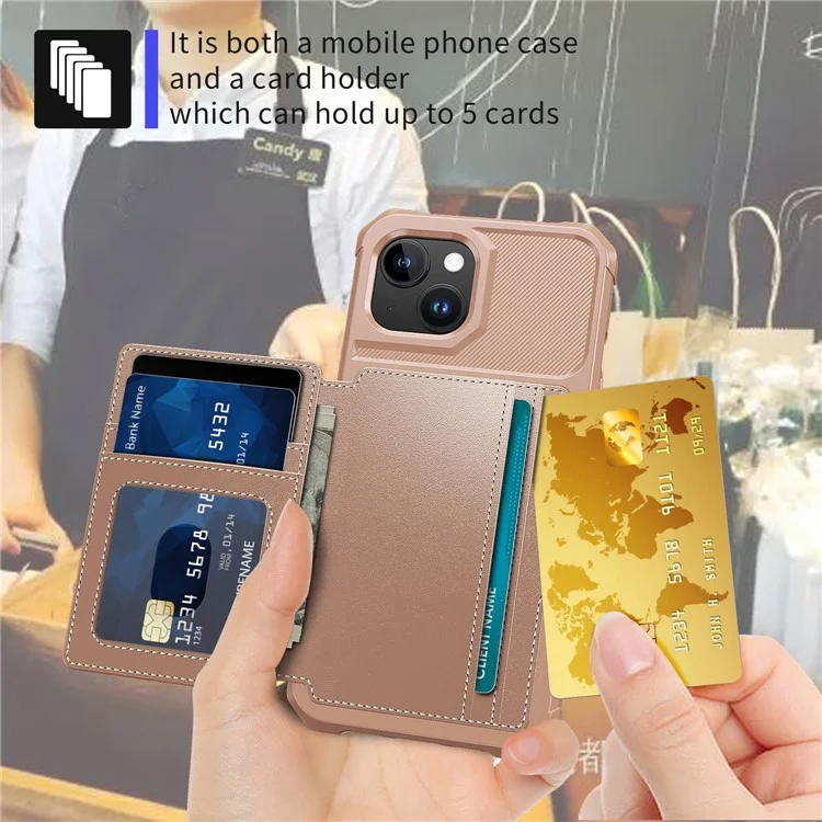 For iPhone 15 Plus Card Slots Wallet Phone Case PU Leather+TPU Anti-fall Cover Support Magnetic Car Mount - Pink