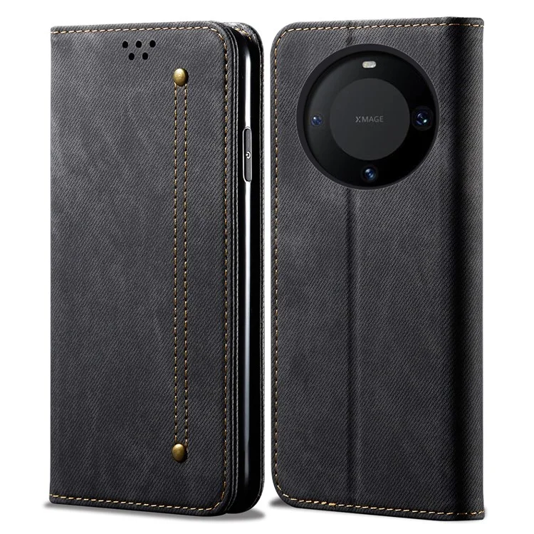 Per Huawei Mate 60 Flip Stand Wallet Case Jeans Cloth Texture PU Leather Protective Phone Cover - Black