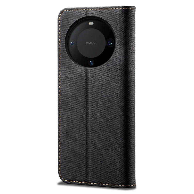 Per Huawei Mate 60 Flip Stand Wallet Case Jeans Cloth Texture PU Leather Protective Phone Cover - Black