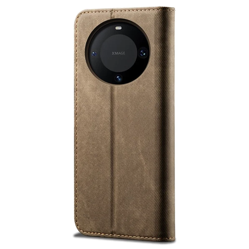 For Huawei Mate 60 Flip Stand Wallet Case Jeans Cloth Texture PU Leather Protective Phone Cover - Khaki