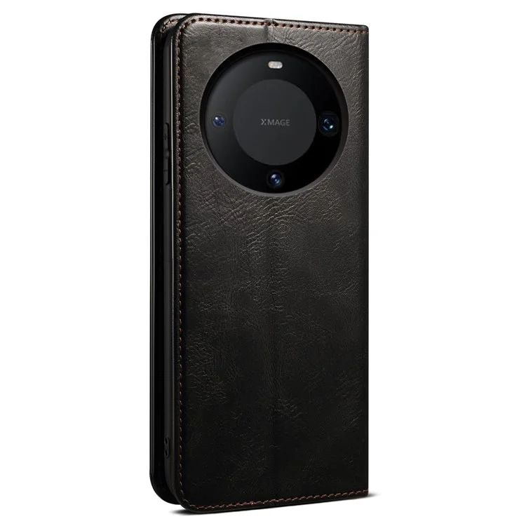Para Huawei Mate 60 Cubierta Antirasguños Textura de Cuero Loco de Caballo Ceroso PU Leather Stand Wallet Phone Shell - Negro