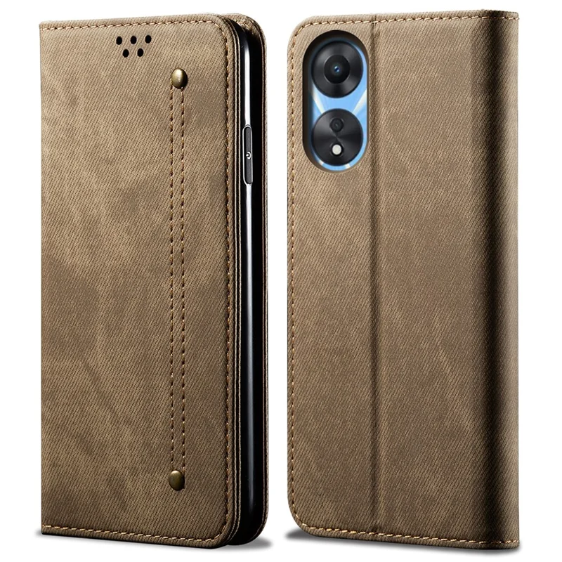 For Oppo A38 4G Slim-Fit Stand Wallet Case Jeans Cloth Texture Cover Flip PU Leather Protective Shell - Khaki
