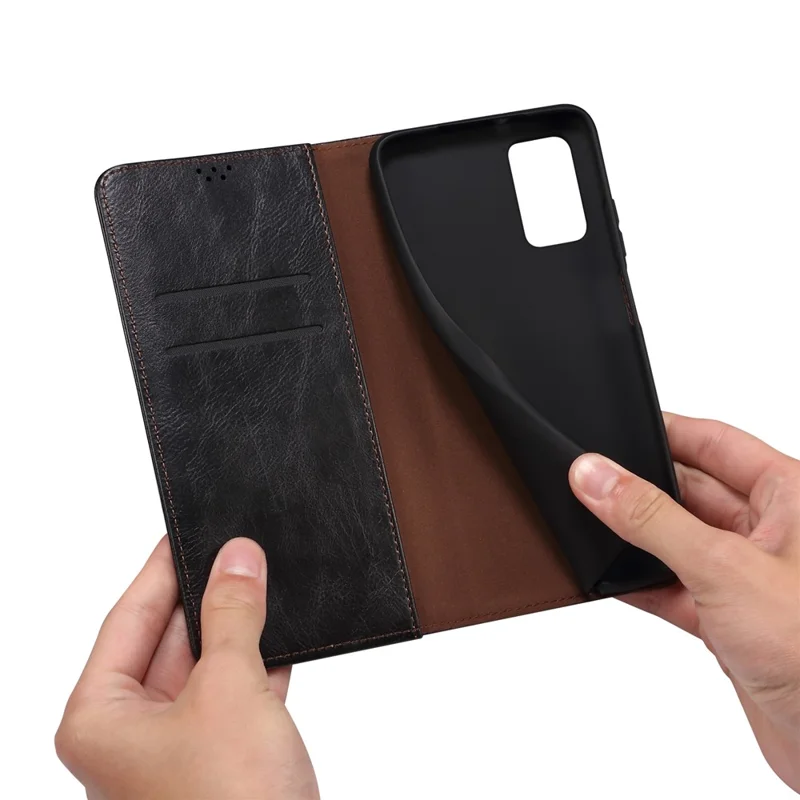 For Oppo A38 4G Slim-Fit Phone Case PU Leather Stand Wallet Shell Waxy Crazy Horse Texture Cover - Black