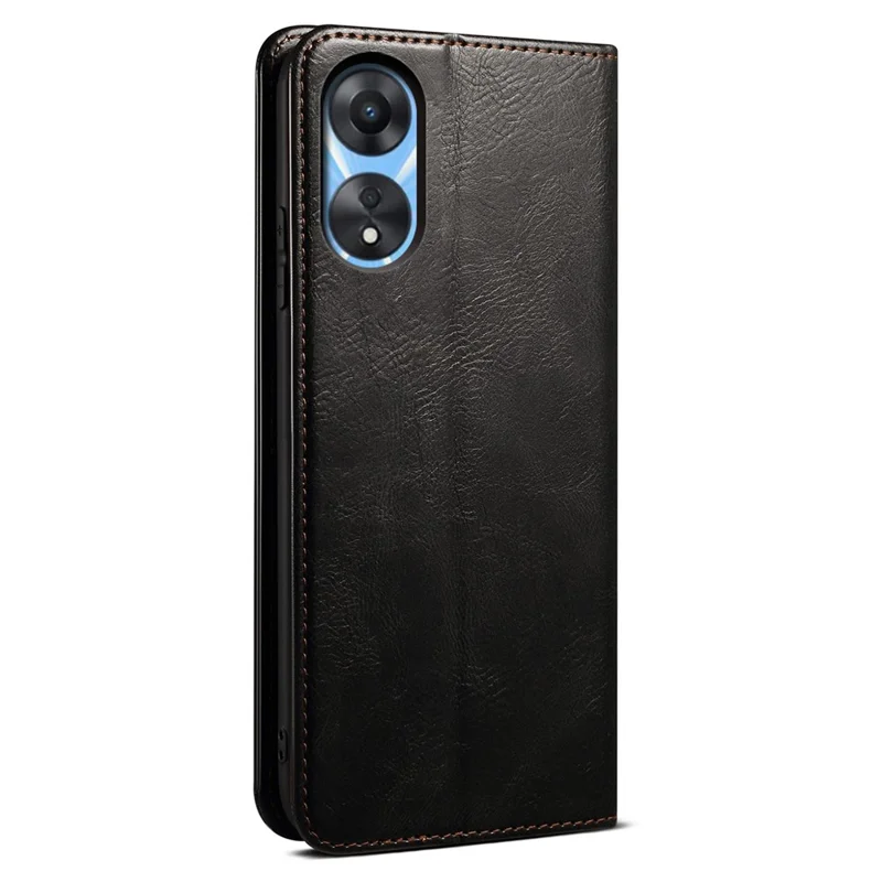 For Oppo A38 4G Slim-Fit Phone Case PU Leather Stand Wallet Shell Waxy Crazy Horse Texture Cover - Black