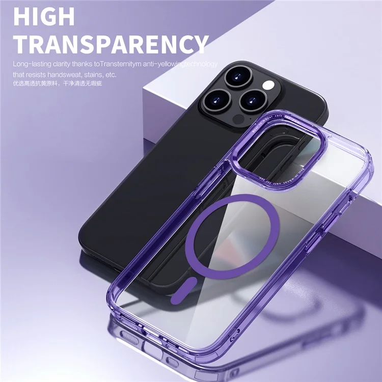 Para iPhone 15 Pro Max Compatible con Funda de Teléfono MagSafe PC + TPU Transparente Cubierta de Teléfono Móvil - Púrpura