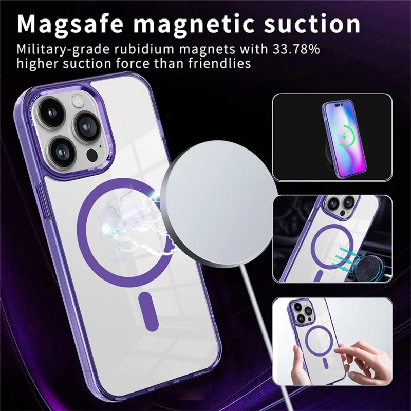 Kompatibel mit MagSafe-Handyhülle für iPhone 14 Pro Max, PC + TPU kristallklare Handyhülle - Lila