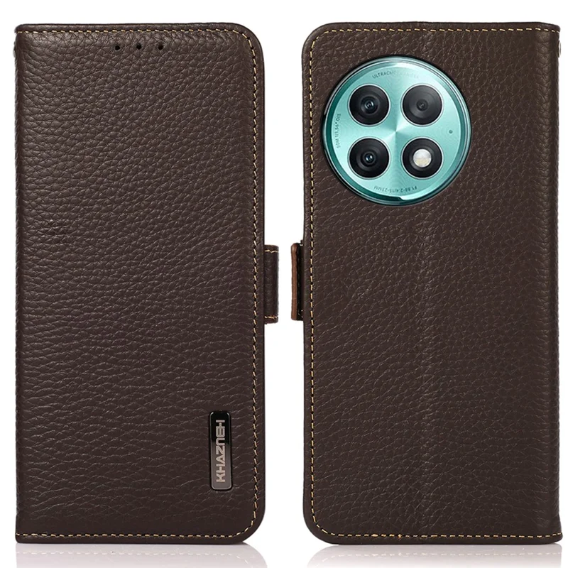 KHAZNEH For OnePlus Ace 2 Pro 5G RFID Blocking Phone Case Genuine Cow Leather Stand Wallet Cover - Brown