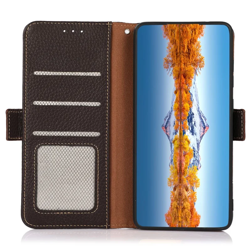 KHAZNEH For OnePlus Ace 2 Pro 5G RFID Blocking Phone Case Genuine Cow Leather Stand Wallet Cover - Brown