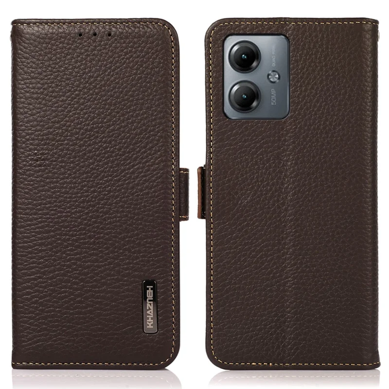 KHAZNEH для Motorola Moto G14 4G RFID блокирующий бумажник чехол для телефона Litchi Texture Genuine Cow Leather Cover - Коричневый