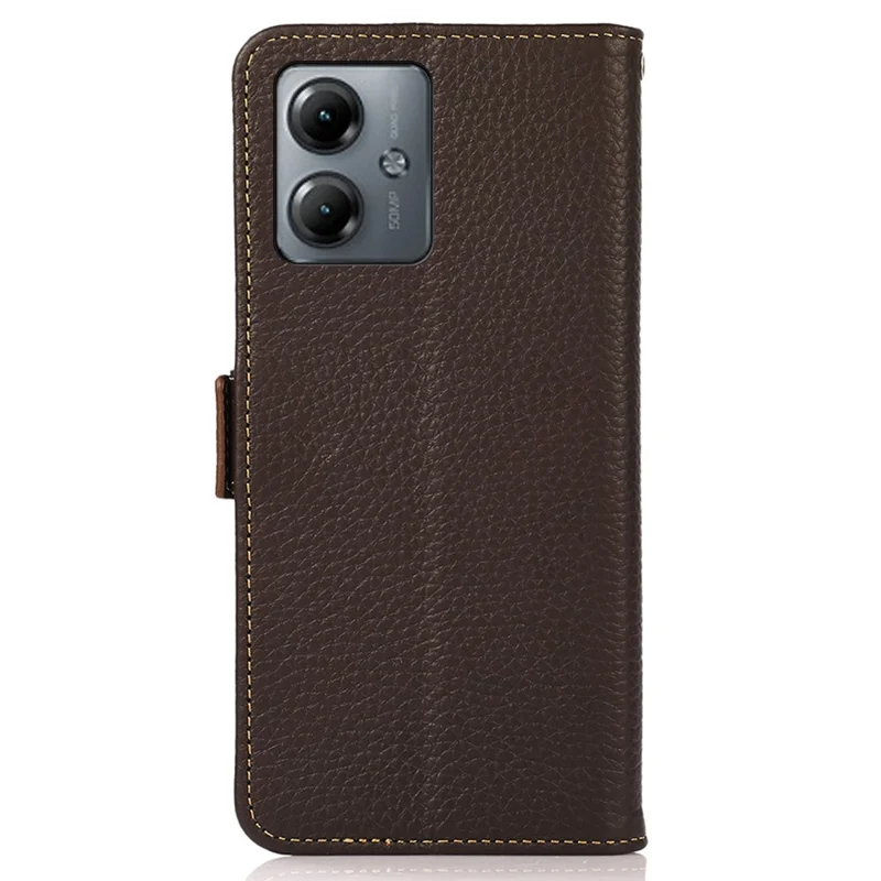 KHAZNEH для Motorola Moto G14 4G RFID блокирующий бумажник чехол для телефона Litchi Texture Genuine Cow Leather Cover - Коричневый