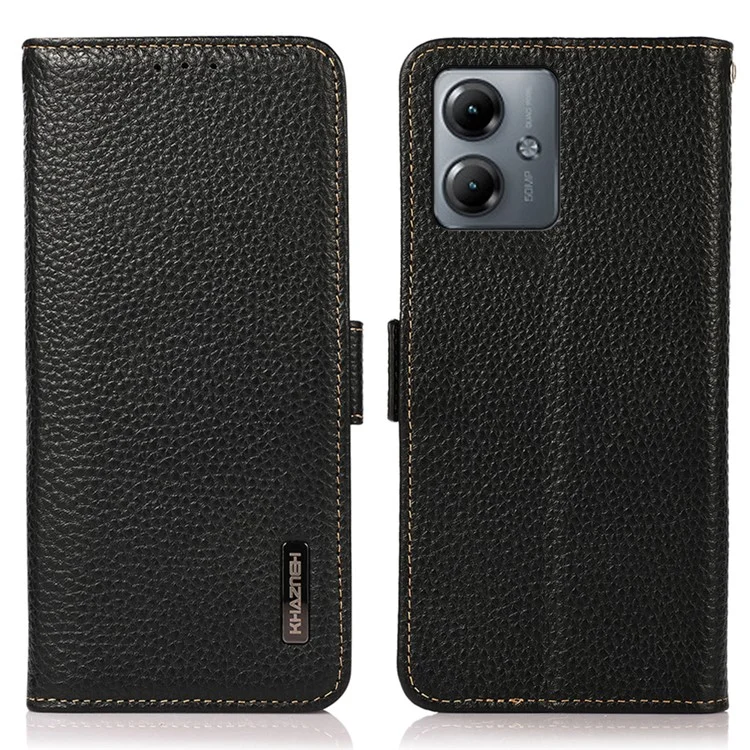 KHAZNEH для Motorola Moto G14 4G RFID Блокирующий бумажник Чехол для телефона Litchi Texture Genuine Cow Leather Cover - Черный