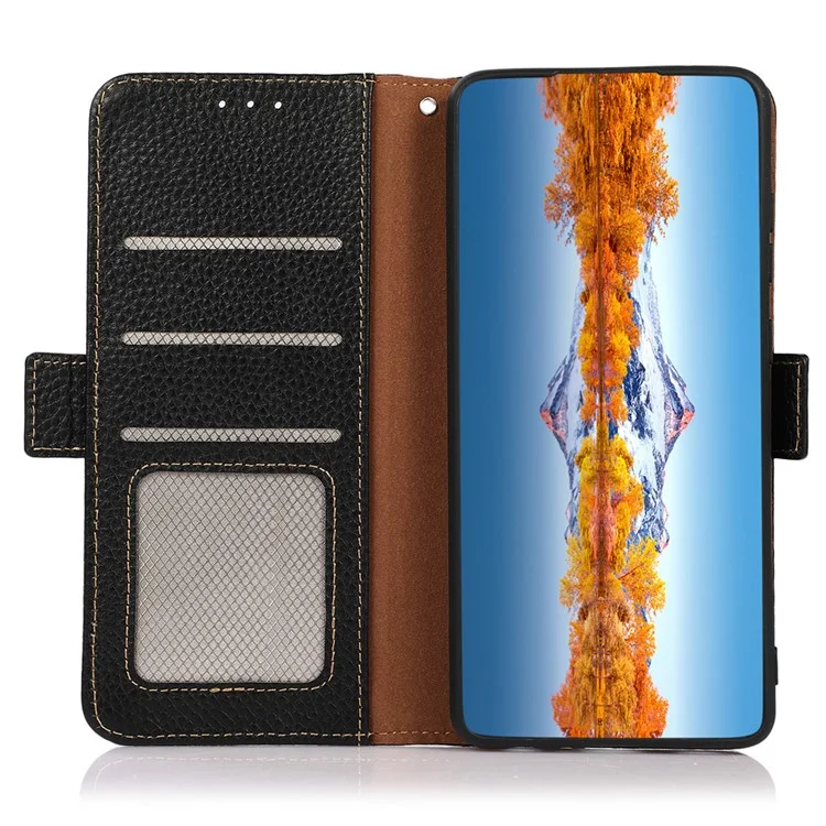 KHAZNEH для Motorola Moto G14 4G RFID Блокирующий бумажник Чехол для телефона Litchi Texture Genuine Cow Leather Cover - Черный