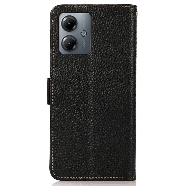 KHAZNEH для Motorola Moto G14 4G RFID Блокирующий бумажник Чехол для телефона Litchi Texture Genuine Cow Leather Cover - Черный