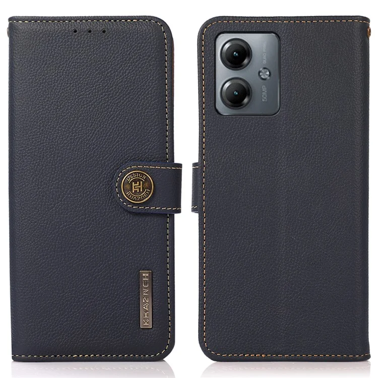 KHAZNEH Anti-drop Wallet Case für Motorola Moto G14 4G RFID-Blockierung Echtes Kuhlederhülle - Blau