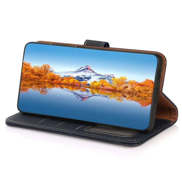 KHAZNEH Anti-drop Wallet Case für Motorola Moto G14 4G RFID-Blockierung Echtes Kuhlederhülle - Blau