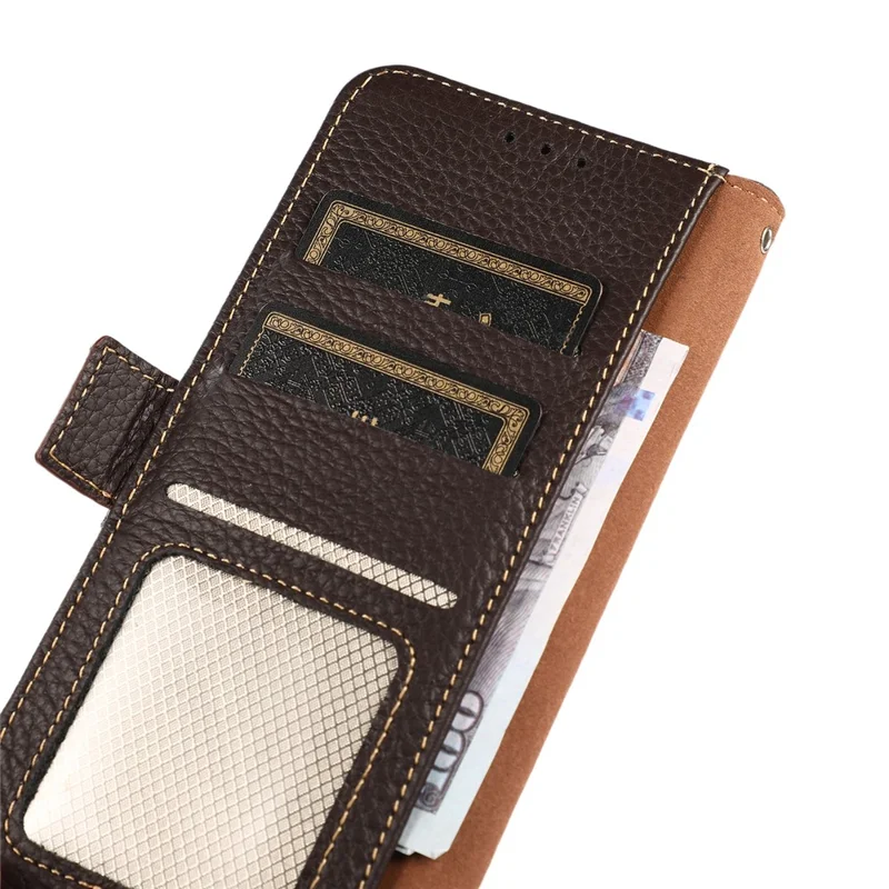 KHAZNEH For Sony Xperia 5 V RFID Blocking Genuine Cow Leather Wallet Cover Litchi Texture Phone Stand Case - Brown