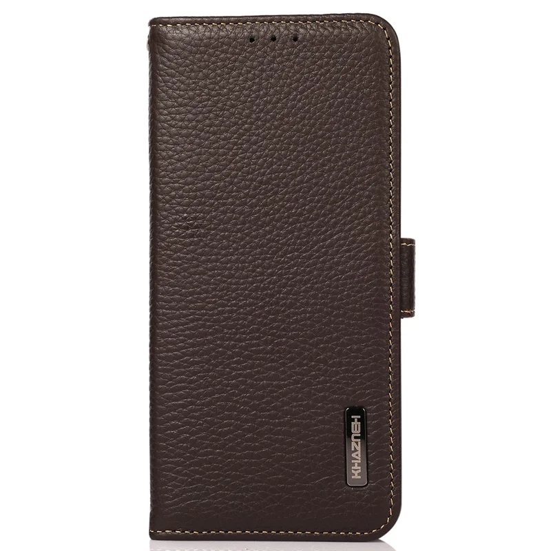 KHAZNEH For Sony Xperia 5 V RFID Blocking Genuine Cow Leather Wallet Cover Litchi Texture Phone Stand Case - Brown