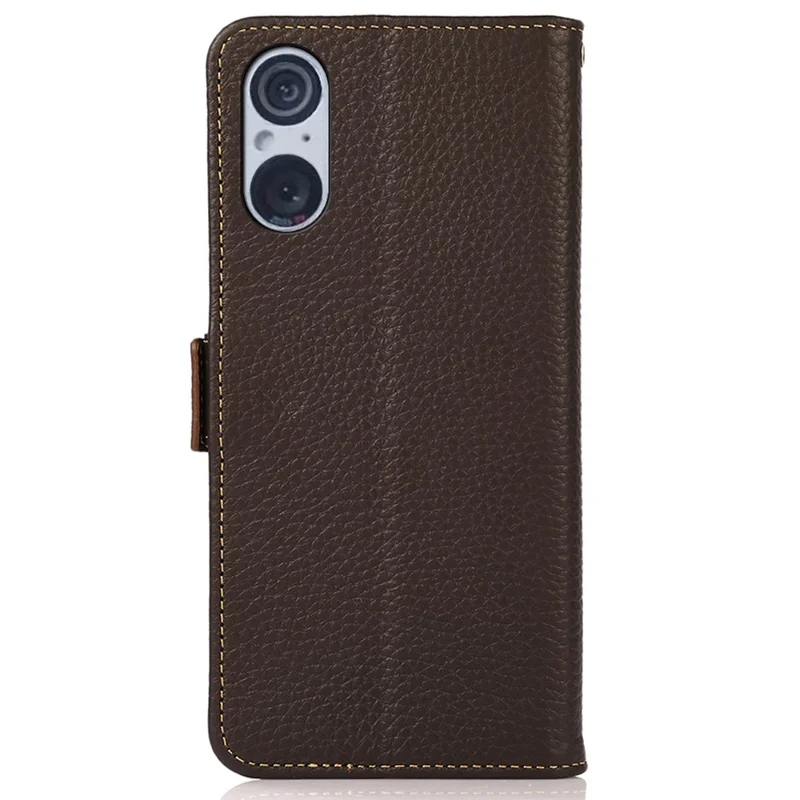 KHAZNEH For Sony Xperia 5 V RFID Blocking Genuine Cow Leather Wallet Cover Litchi Texture Phone Stand Case - Brown
