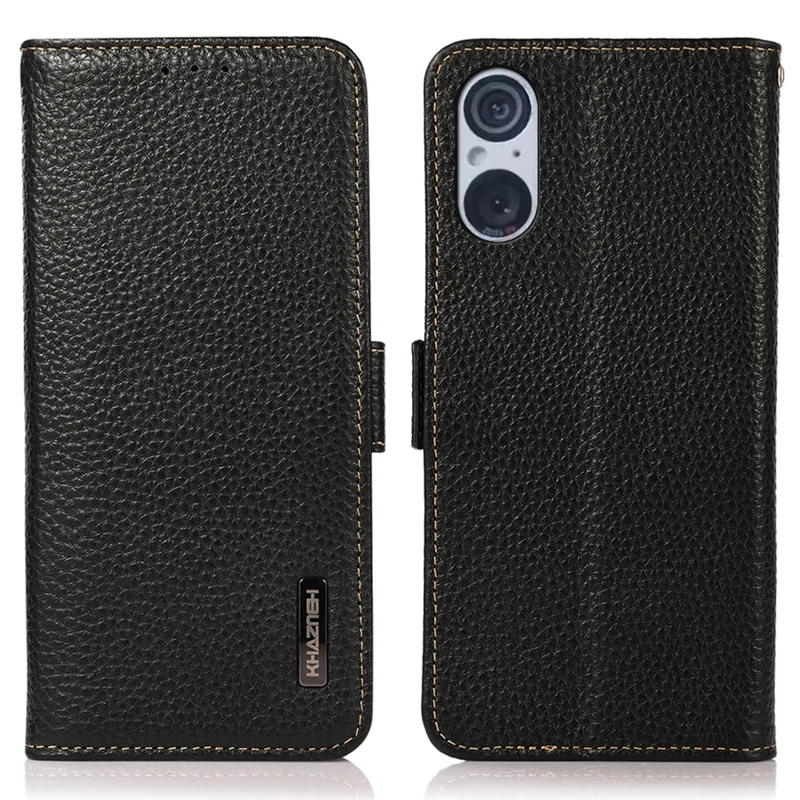 KHAZNEH для Sony Xperia 5 V RFID Blocking Genuine Cow Leather Wallet Cover Litchi Texture Phone Stand Case - Black