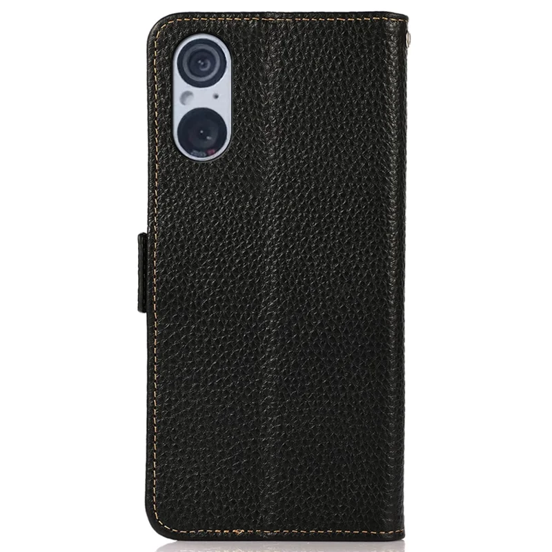 KHAZNEH для Sony Xperia 5 V RFID Blocking Genuine Cow Leather Wallet Cover Litchi Texture Phone Stand Case - Black