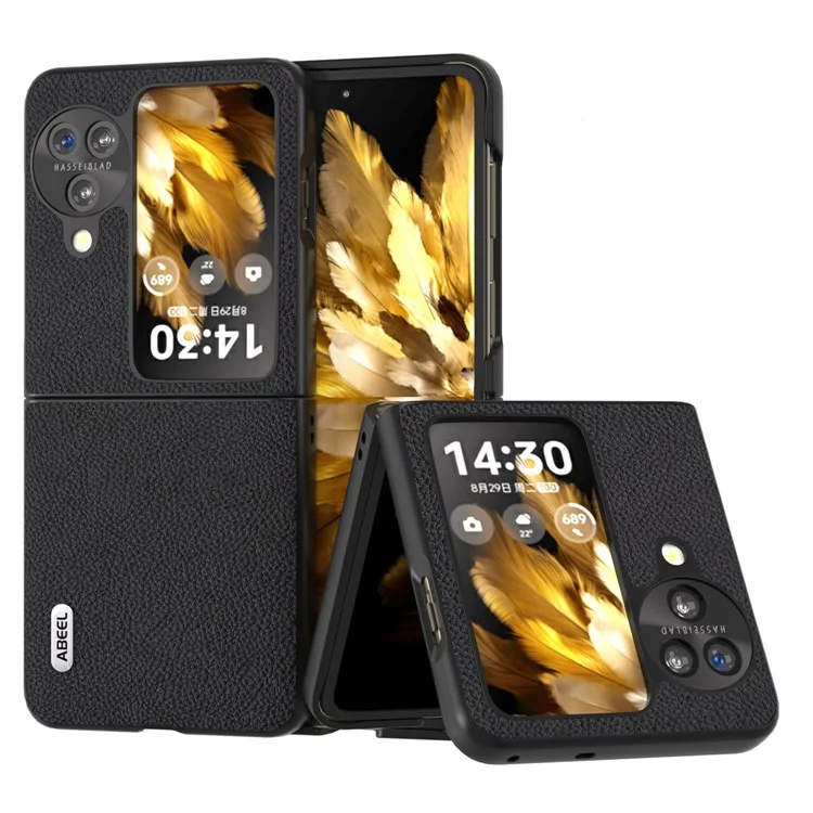 ABEEL Pour Oppo Find N3 Flip 5G Étui Texture Litchi Véritable Cuir de Vache + Housse de Protection PC - Noir 