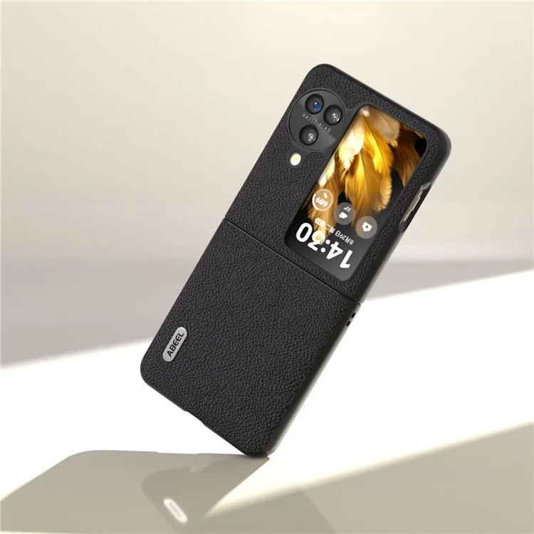 ABEEL Pour Oppo Find N3 Flip 5G Étui Texture Litchi Véritable Cuir de Vache + Housse de Protection PC - Noir 