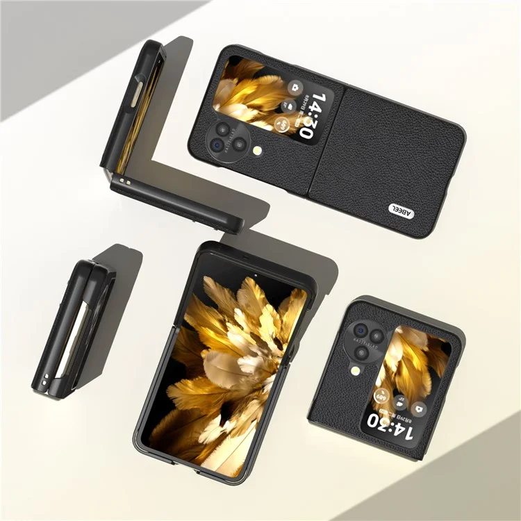 ABEEL Pour Oppo Find N3 Flip 5G Étui Texture Litchi Véritable Cuir de Vache + Housse de Protection PC - Noir 