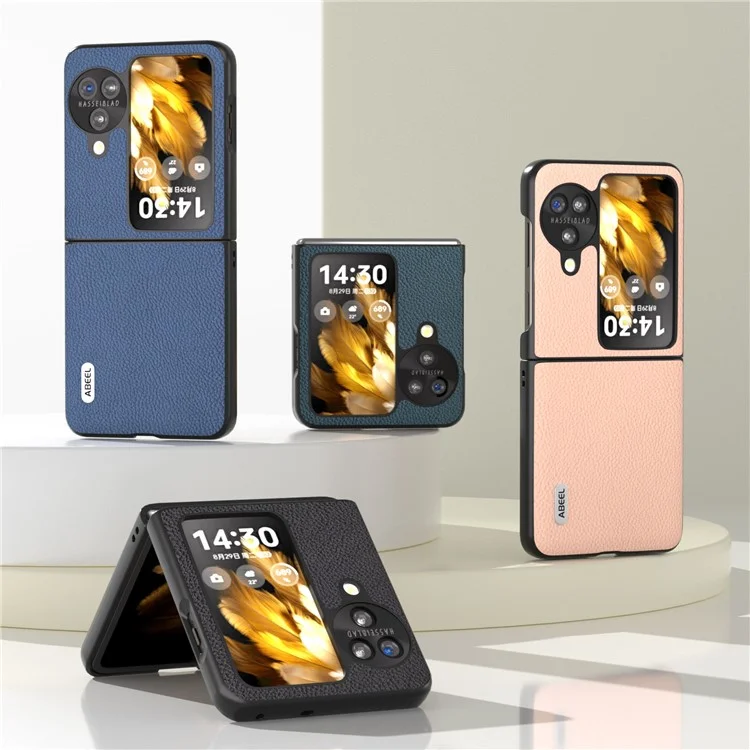 ABEEL Pour Oppo Find N3 Flip 5G Étui Texture Litchi Véritable Cuir de Vache + Housse de Protection PC - Noir 