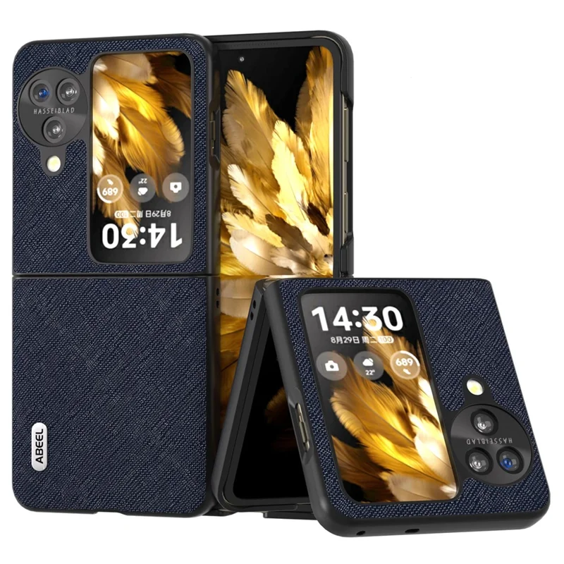 ABEEL Pour Oppo Find N3 Flip 5G Housse de téléphone Cuir véritable de vache + Texture croisée PC Étui anti-rayures - Bleu