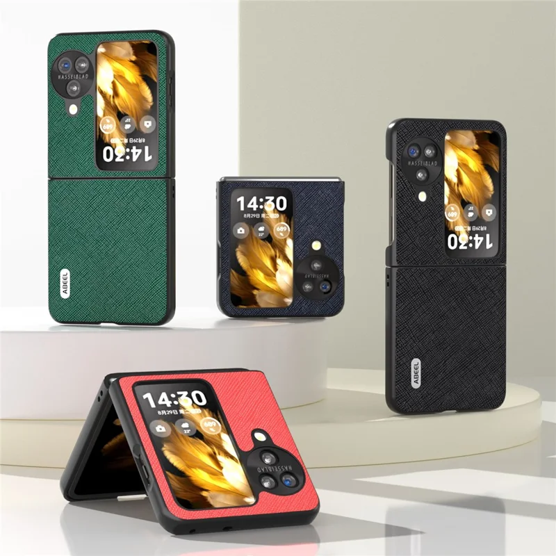 ABEEL Pour Oppo Find N3 Flip 5G Housse de téléphone Cuir véritable de vache + Texture croisée PC Étui anti-rayures - Bleu