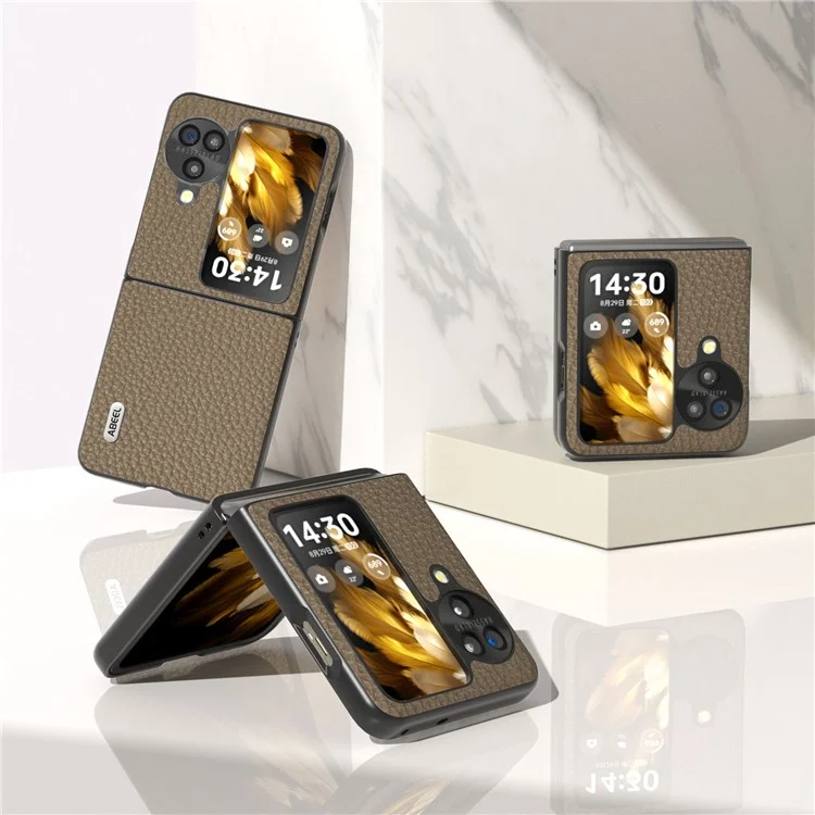 ABEEL Für Oppo Find N3 Flip 5G Echtes Rindsleder + PC-Handyhülle Litchi-Textur Fallschutz-Cover - Khaki