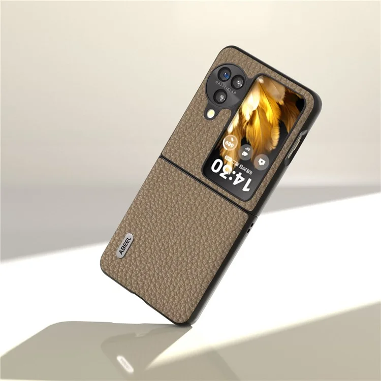 ABEEL Für Oppo Find N3 Flip 5G Echtes Rindsleder + PC-Handyhülle Litchi-Textur Fallschutz-Cover - Khaki
