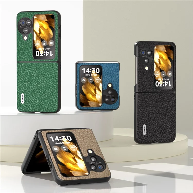 ABEEL Für Oppo Find N3 Flip 5G Echtes Rindsleder + PC-Handyhülle Litchi-Textur Fallschutz-Cover - Khaki