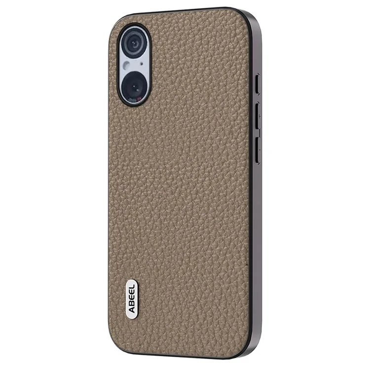 ABEEL For Sony Xperia 5 V Cowhide Leather Coated PC+TPU Phone Case Litchi Texture Phone Cover - Khaki