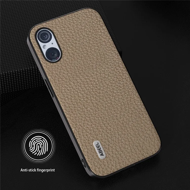 ABEEL For Sony Xperia 5 V Cowhide Leather Coated PC+TPU Phone Case Litchi Texture Phone Cover - Khaki