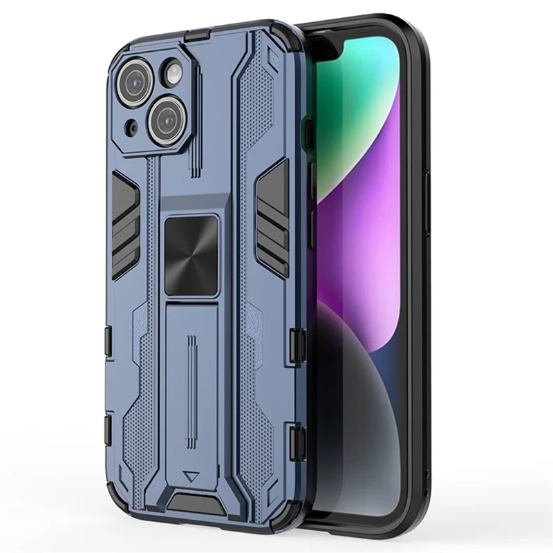 Per iPhone 15 Foldable Kickstand Phone Cover PC + TPU Shock-Absorbing Protective Case - Blu
