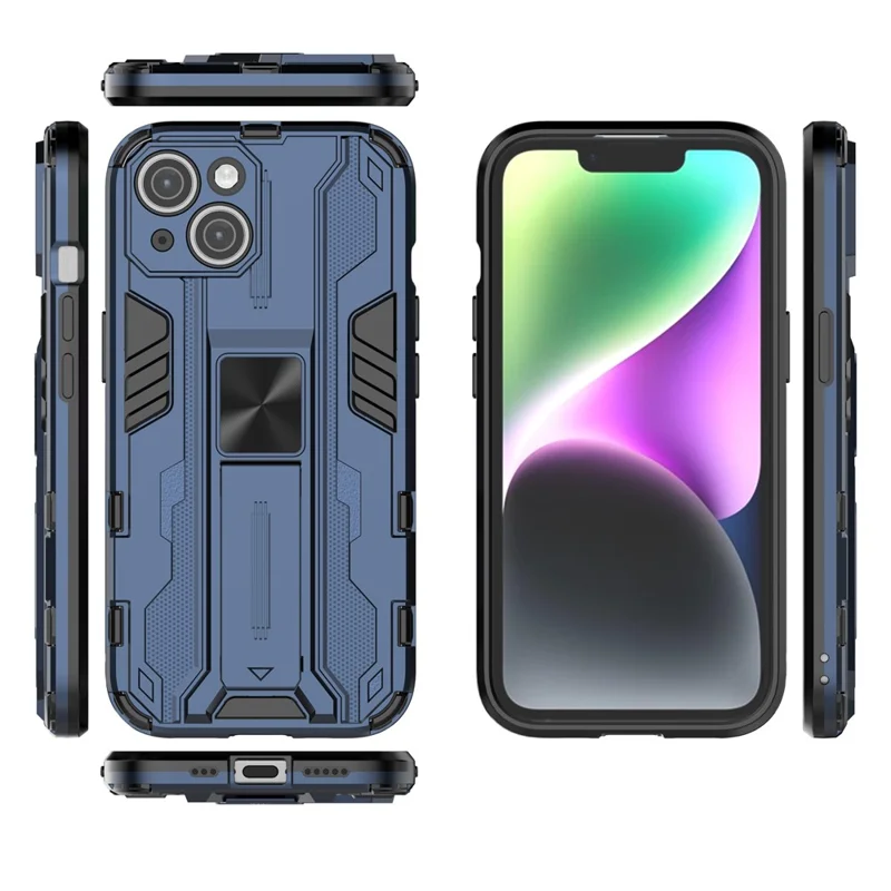 Per iPhone 15 Foldable Kickstand Phone Cover PC + TPU Shock-Absorbing Protective Case - Blu