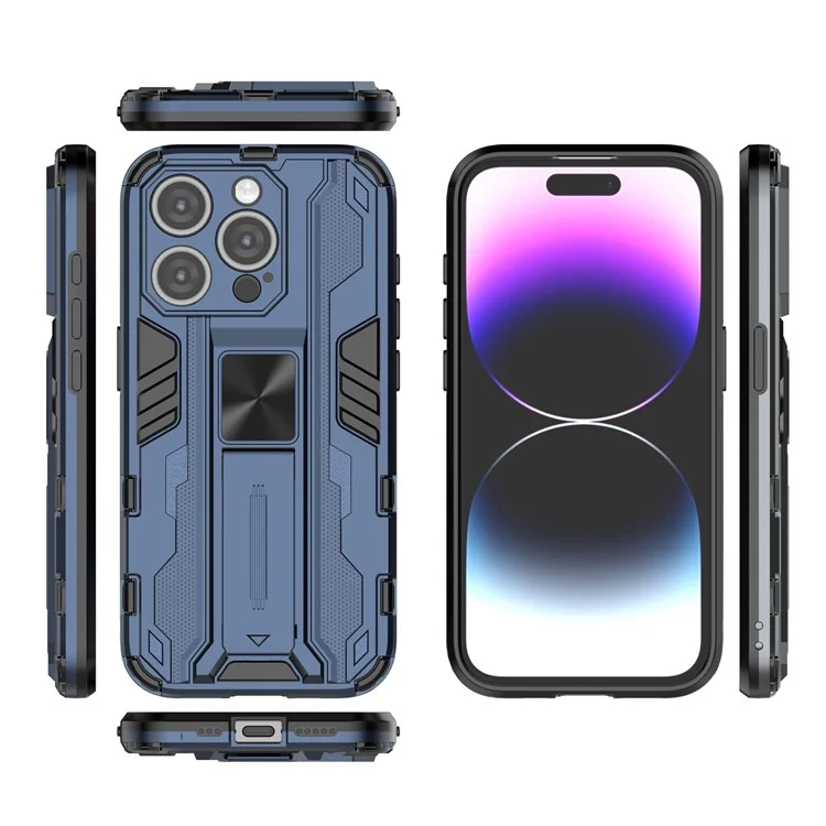 Per iPhone 15 Pro Max Foldable Kickstand Anti-scratch Cover PC+TPU Shockproof Phone Case - Blue