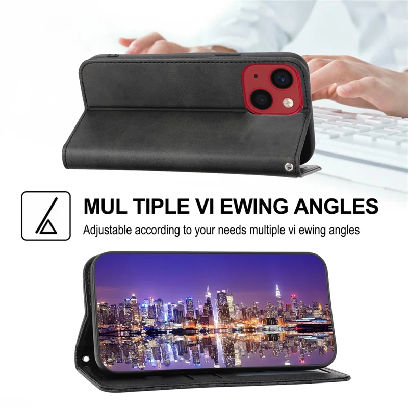 Voor iPhone 15 PU Leer Telefoonhoesje met Ingepreld Ruitpatroon Portemonnee Stand Stootvaste Hoes - Zwart