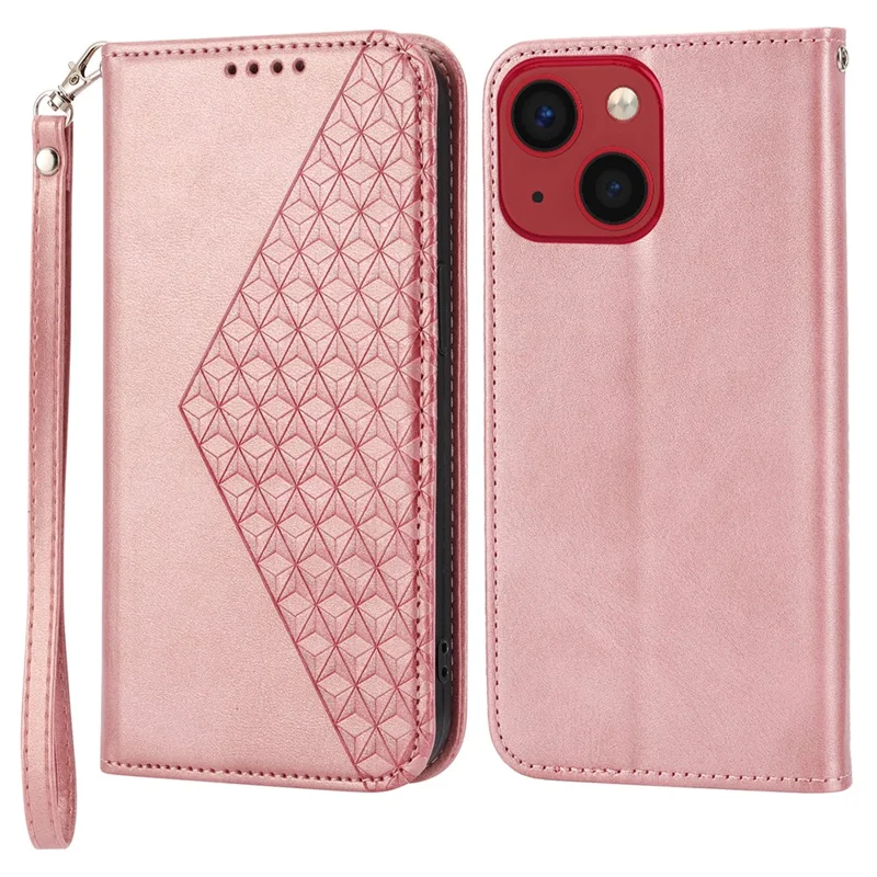 For iPhone 15 Plus PU Leather Phone Case Anti-scratch Imprinted Rhombus Pattern Wallet Stand Cover - Rose Gold