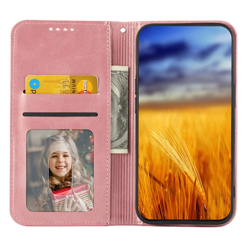 For iPhone 15 Plus PU Leather Phone Case Anti-scratch Imprinted Rhombus Pattern Wallet Stand Cover - Rose Gold