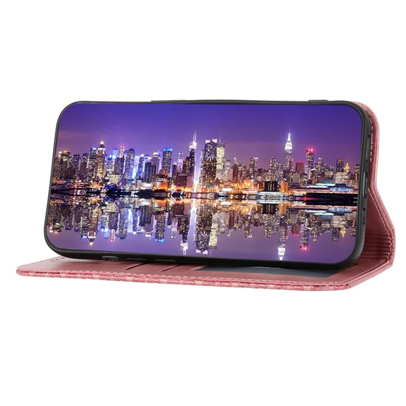 For iPhone 15 Plus PU Leather Phone Case Anti-scratch Imprinted Rhombus Pattern Wallet Stand Cover - Rose Gold