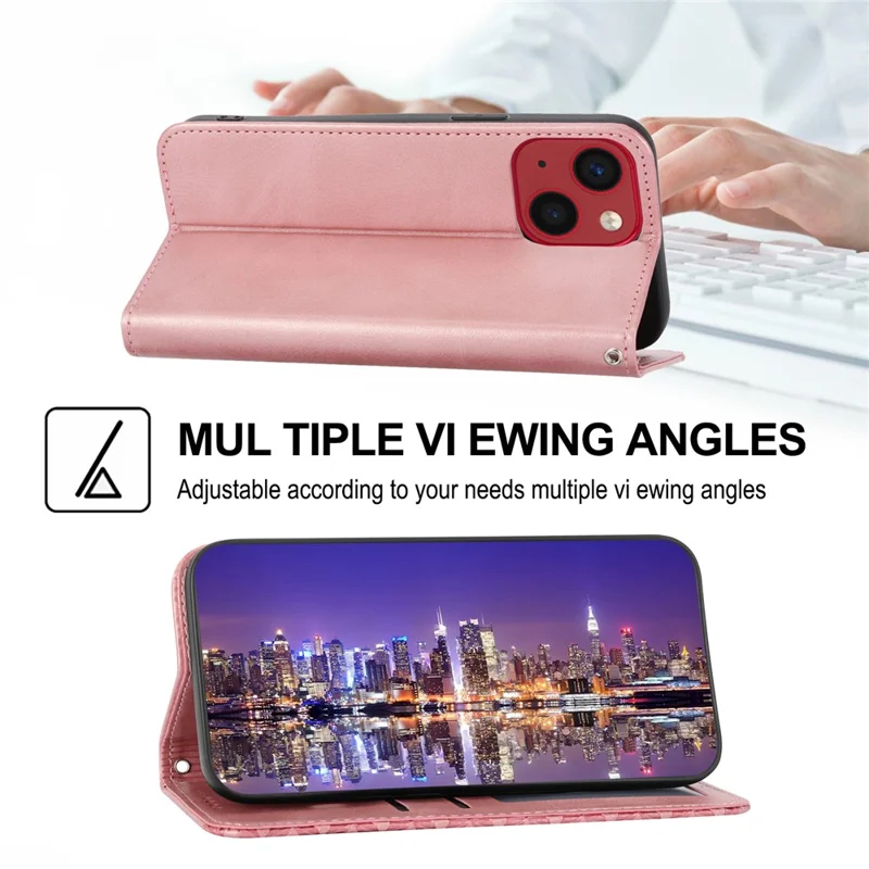 For iPhone 15 Plus PU Leather Phone Case Anti-scratch Imprinted Rhombus Pattern Wallet Stand Cover - Rose Gold