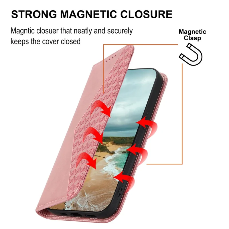For iPhone 15 Plus PU Leather Phone Case Anti-scratch Imprinted Rhombus Pattern Wallet Stand Cover - Rose Gold