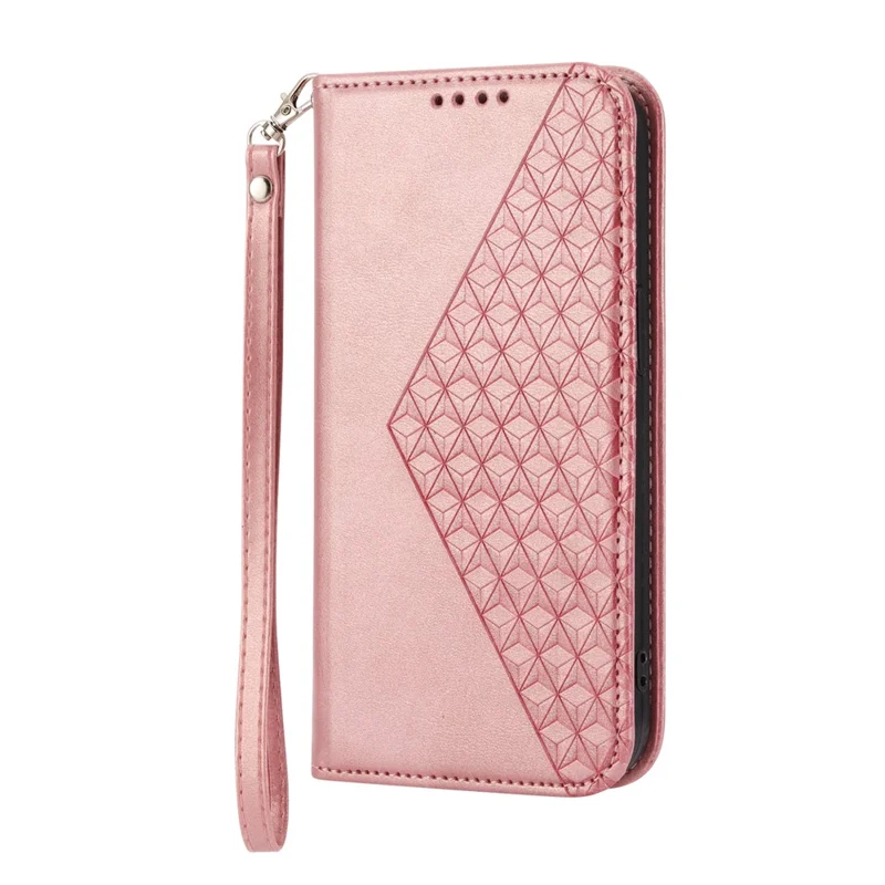 For iPhone 15 Plus PU Leather Phone Case Anti-scratch Imprinted Rhombus Pattern Wallet Stand Cover - Rose Gold