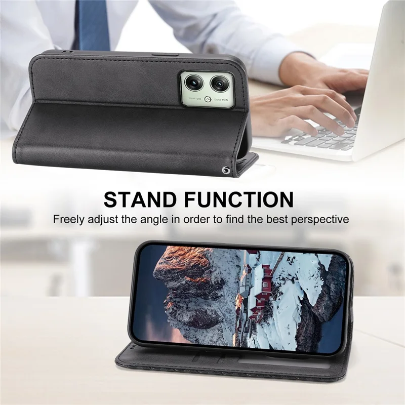 PU Leather Phone Case for Motorola Moto G14 4G , Imprinted Rhombus Pattern Stand Wallet Cover - Black