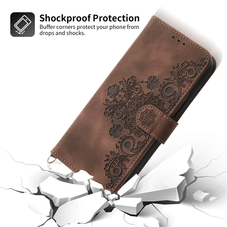 Pour Realme 11x 5G / 11 5G (Global) Stand Wallet Phone Case PU Leather Imprinted Flower Skin-touch Cover - Brun