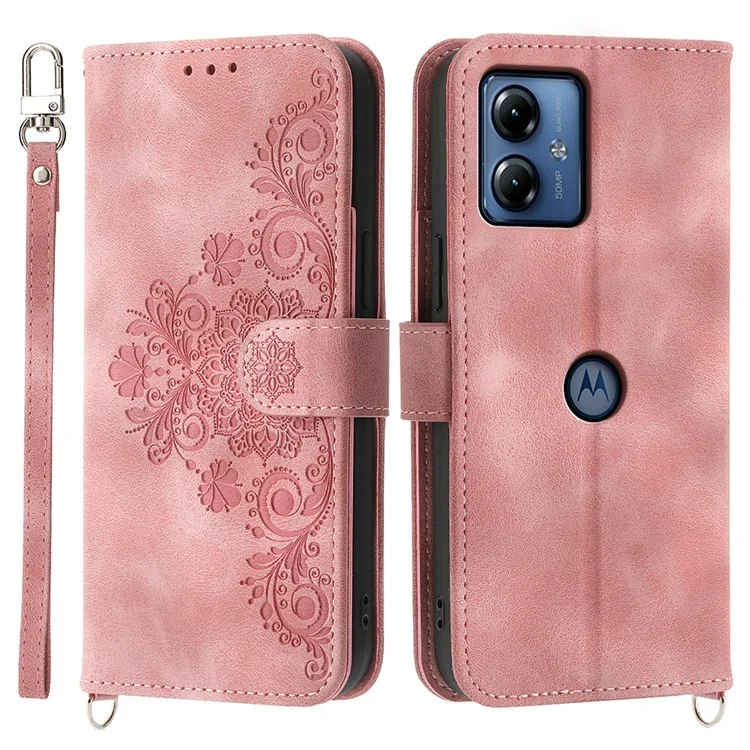 Для Motorola Moto G14 4G PU Leather Imprinted Stand Wallet Phone Case Cover с ремешком на запястье + ремешок на плечо - Розовый