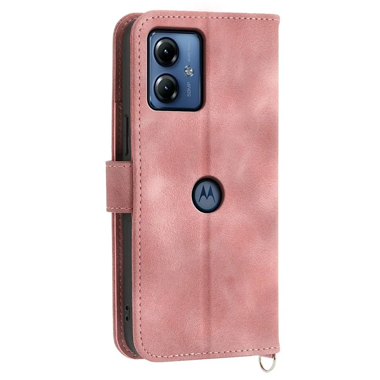 Для Motorola Moto G14 4G PU Leather Imprinted Stand Wallet Phone Case Cover с ремешком на запястье + ремешок на плечо - Розовый