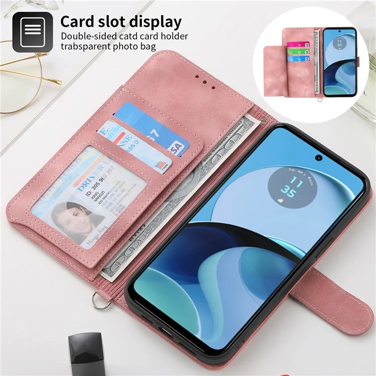 Для Motorola Moto G14 4G PU Leather Imprinted Stand Wallet Phone Case Cover с ремешком на запястье + ремешок на плечо - Розовый